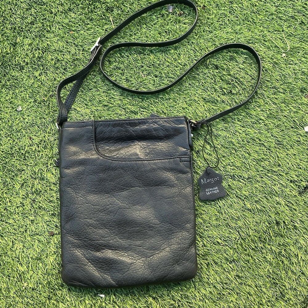 Margot Genuine Leather Black Crossbody Bag Purse Adjustable Strap Zip Pockets